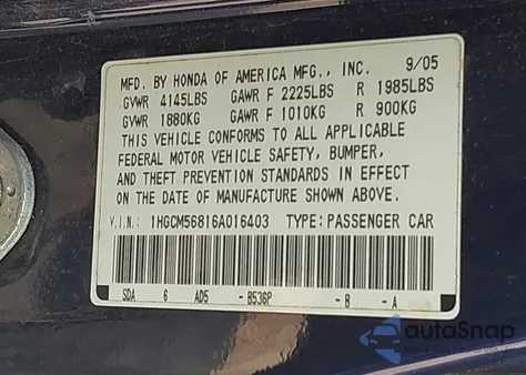 2006 Honda Accord 2.4 Ex from USA, damaged, VIN 1HGCM56816A016403